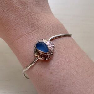 Sterling silver blue sea glass adjustable cuff bracelet